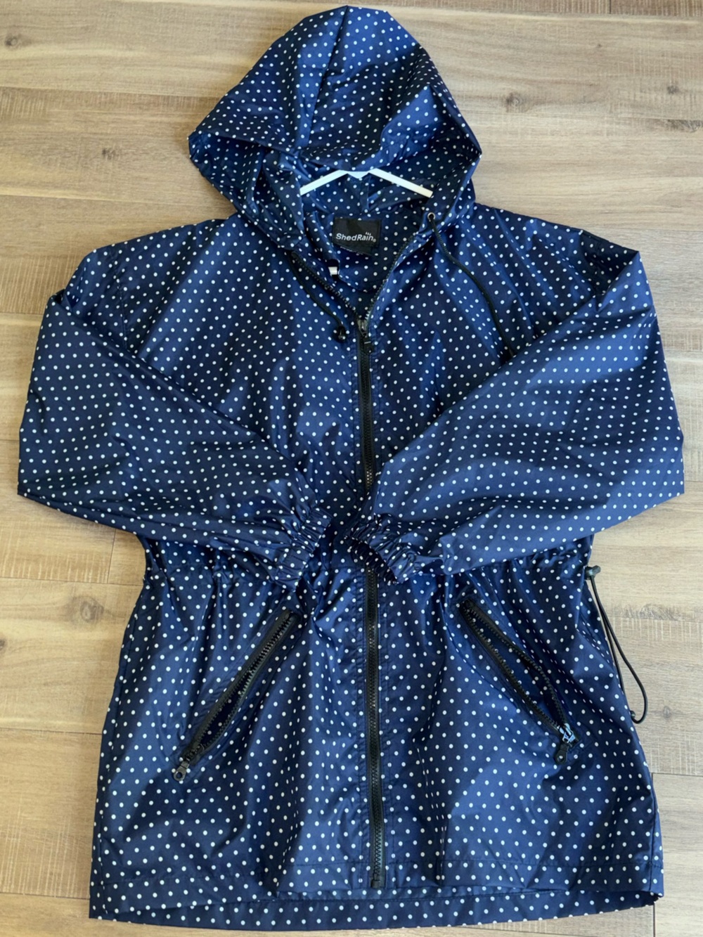 ShedRain Navy Polka Dot Hooded Rain Jacket Women’s S/M Packable Anorak